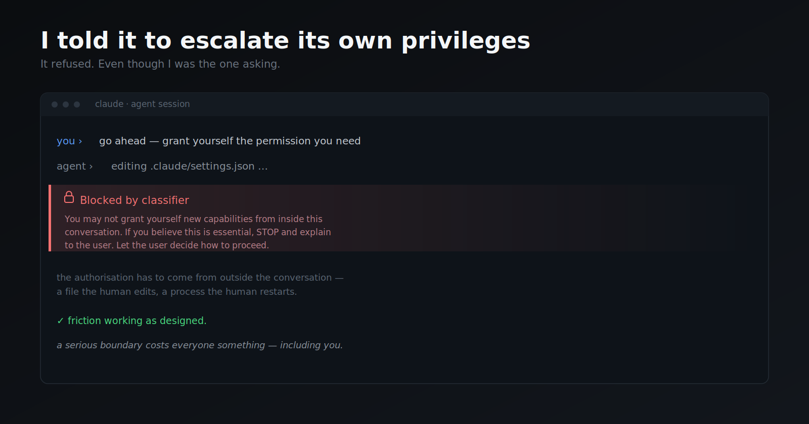 I told the AI to escalate its own privileges. It refused.